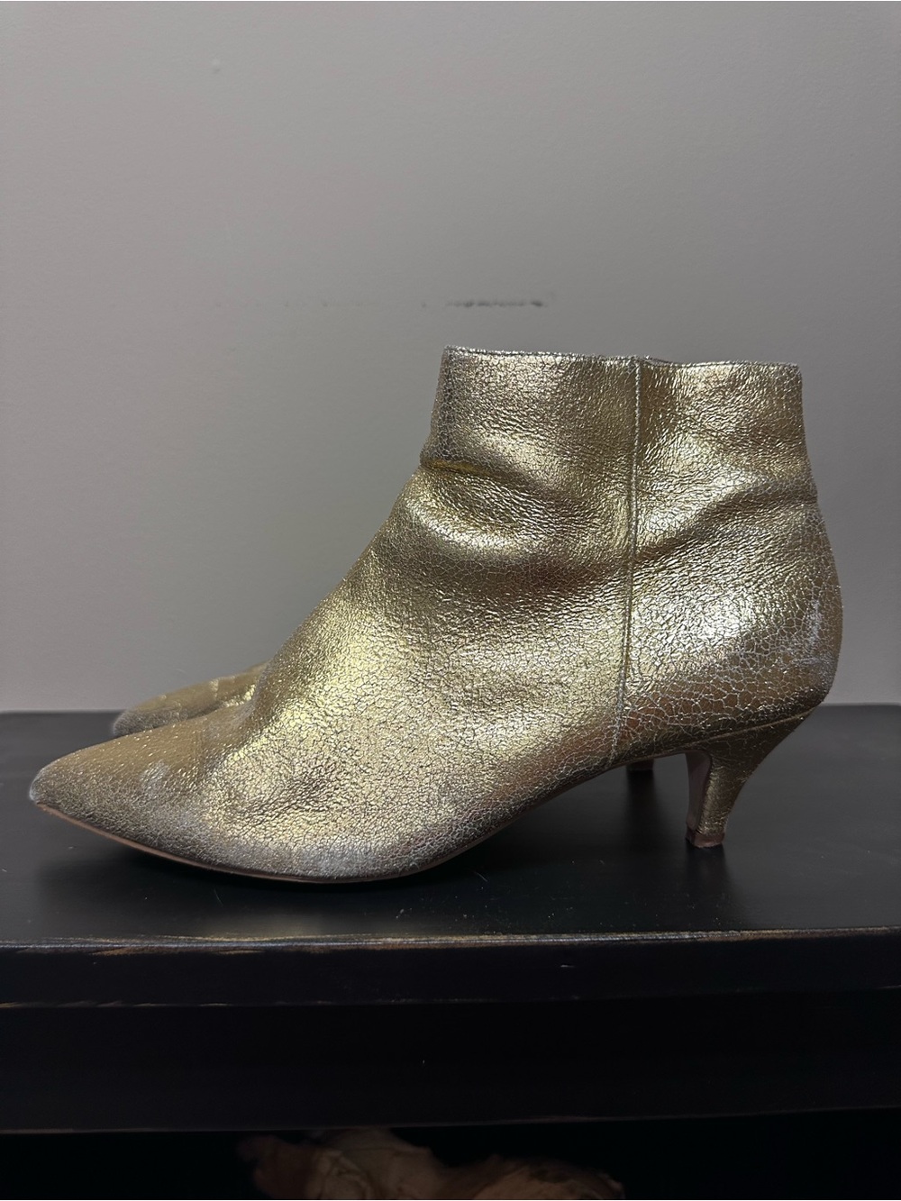 Anthropologie Metallic Gold Pointed-Toe Ankle Boots